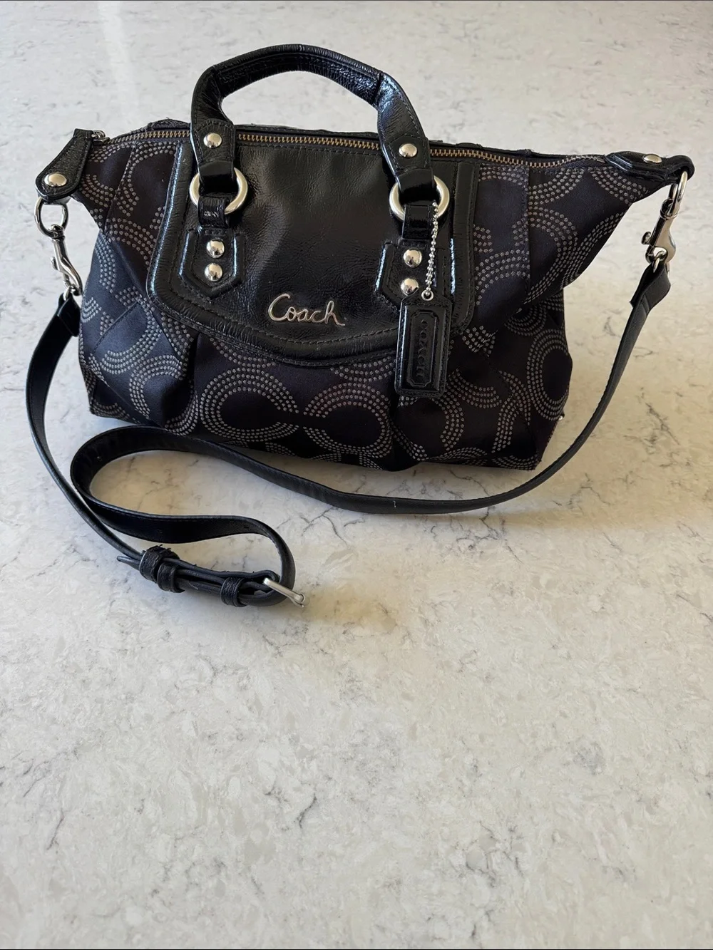 COACH Ashley Op Dot Black Signature Canvas Shoulder Satchel with Leather Trim